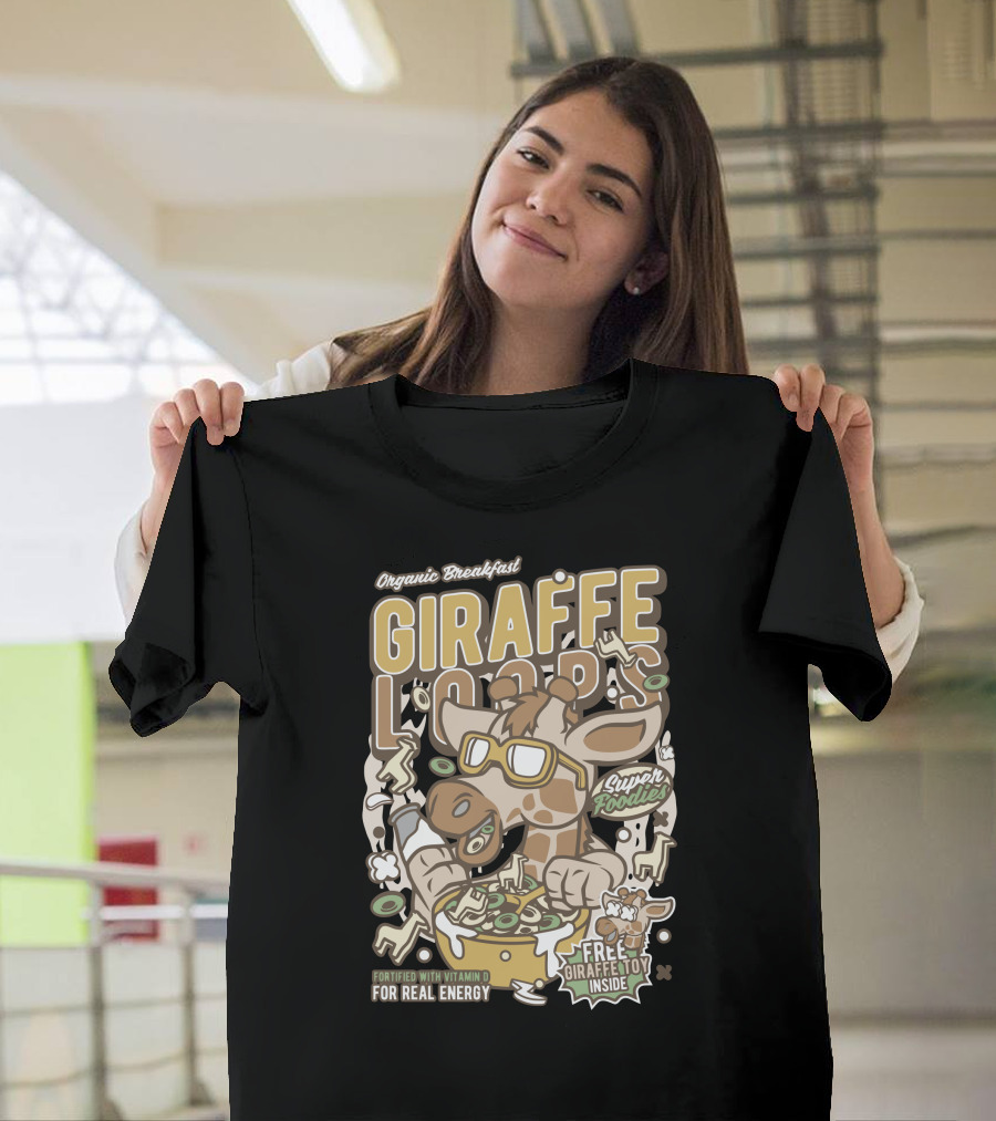 Organic Breakfast Giraffe Loops Super Foodies Fortified with Vitamin D for Real Energy Free Giraffe Toy Inside T-Shirt