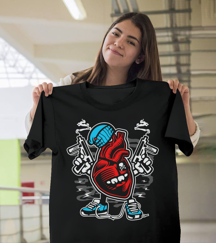 Heart To Kill Armed Cartoon Heart with Skull Helmet and Sneakers T-Shirt