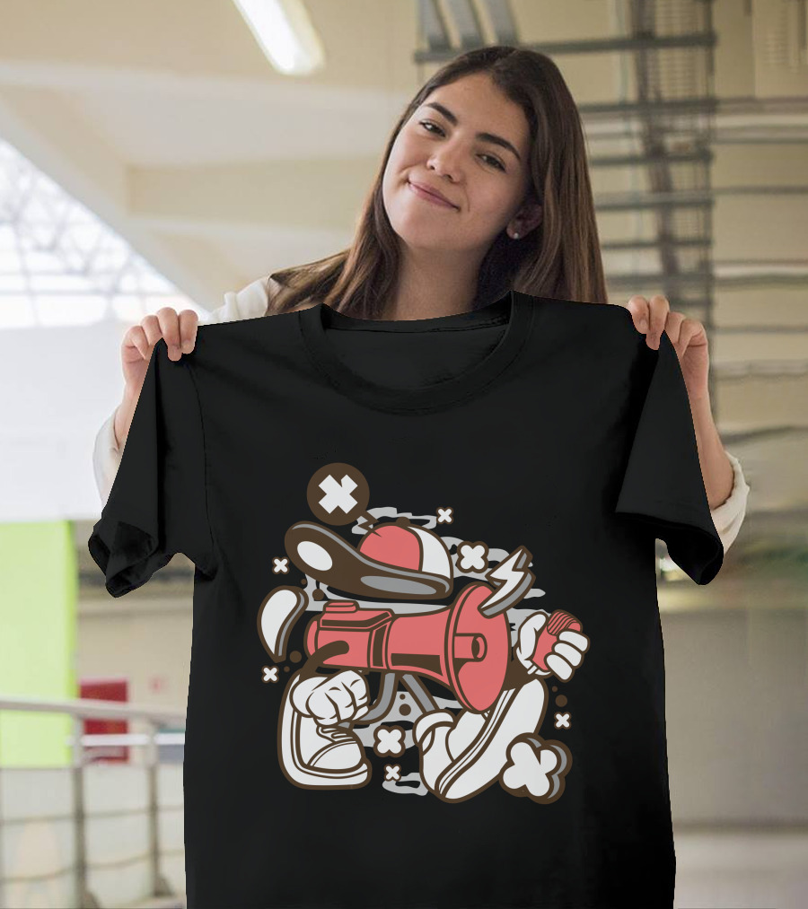 Horn Speaker Cartoon Character with Sneakers and Cap T-Shirt