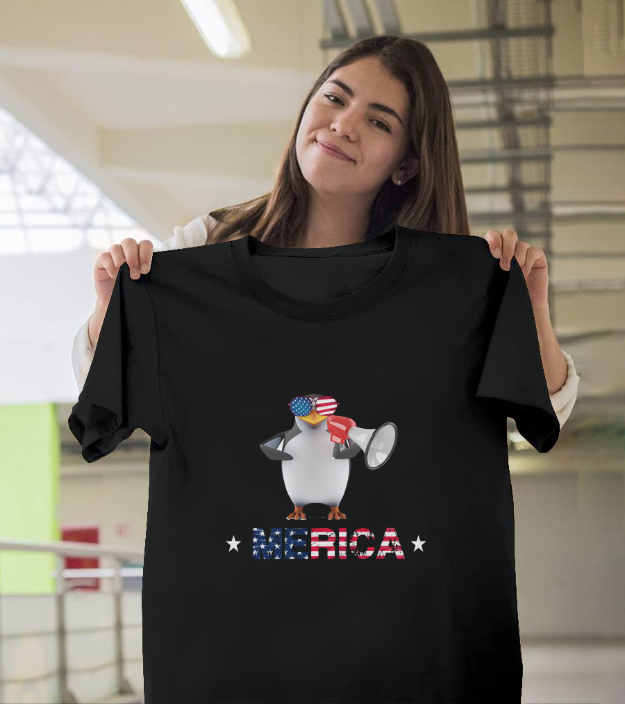 Patriotic Penguin Merica American Flag Hat Glasses 4th of July T-Shirt