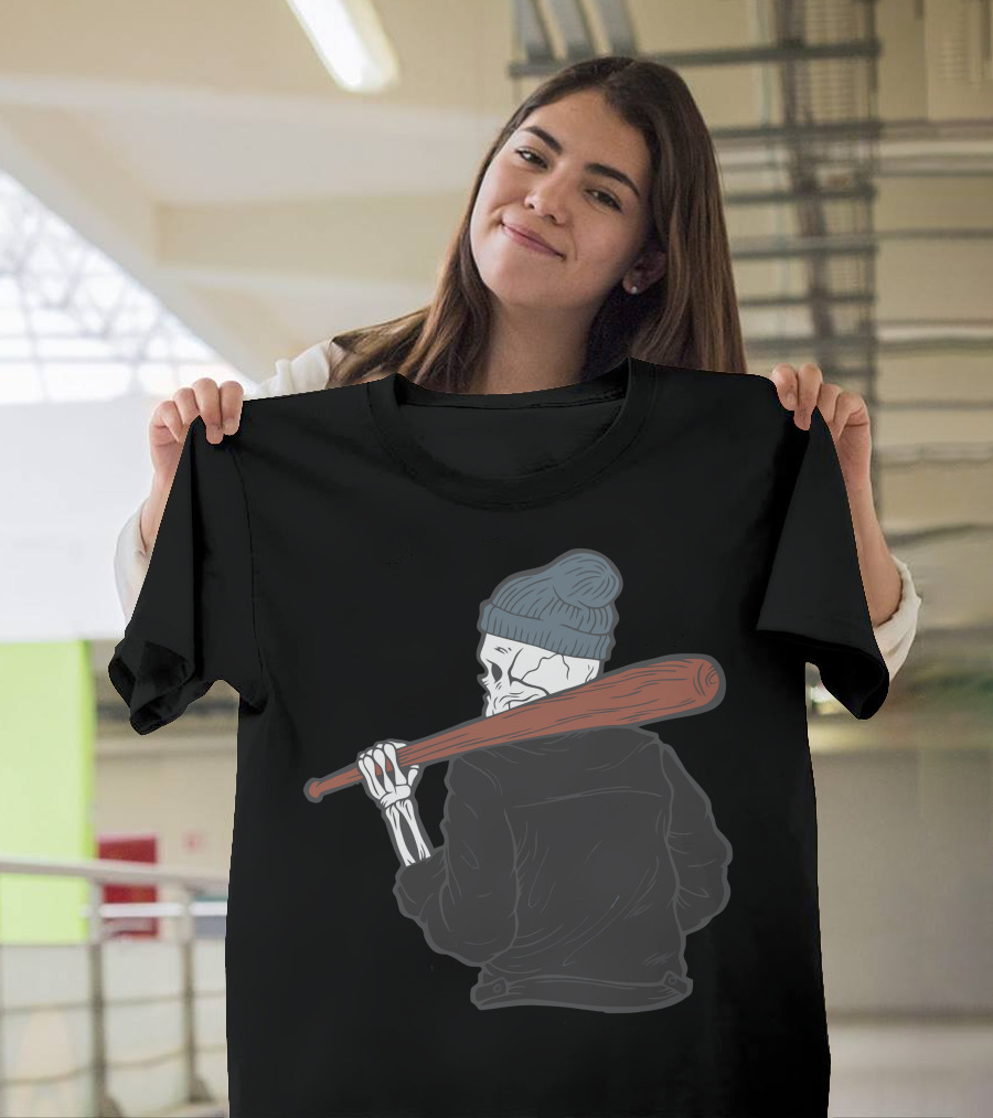 Skull Gangster in Beanie with Baseball Bat T-Shirt