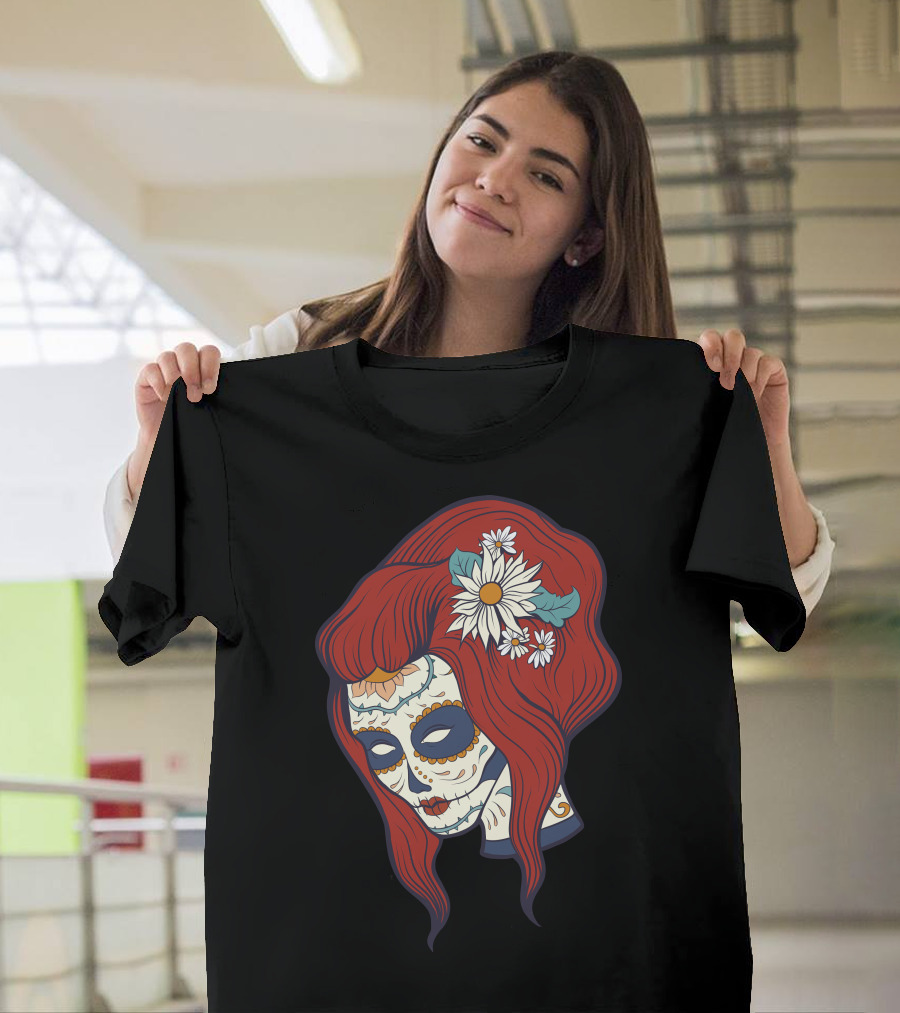 Skull Girl Day of the Dead Sugar Skull Red Hair Daisy Flowers T-Shirt