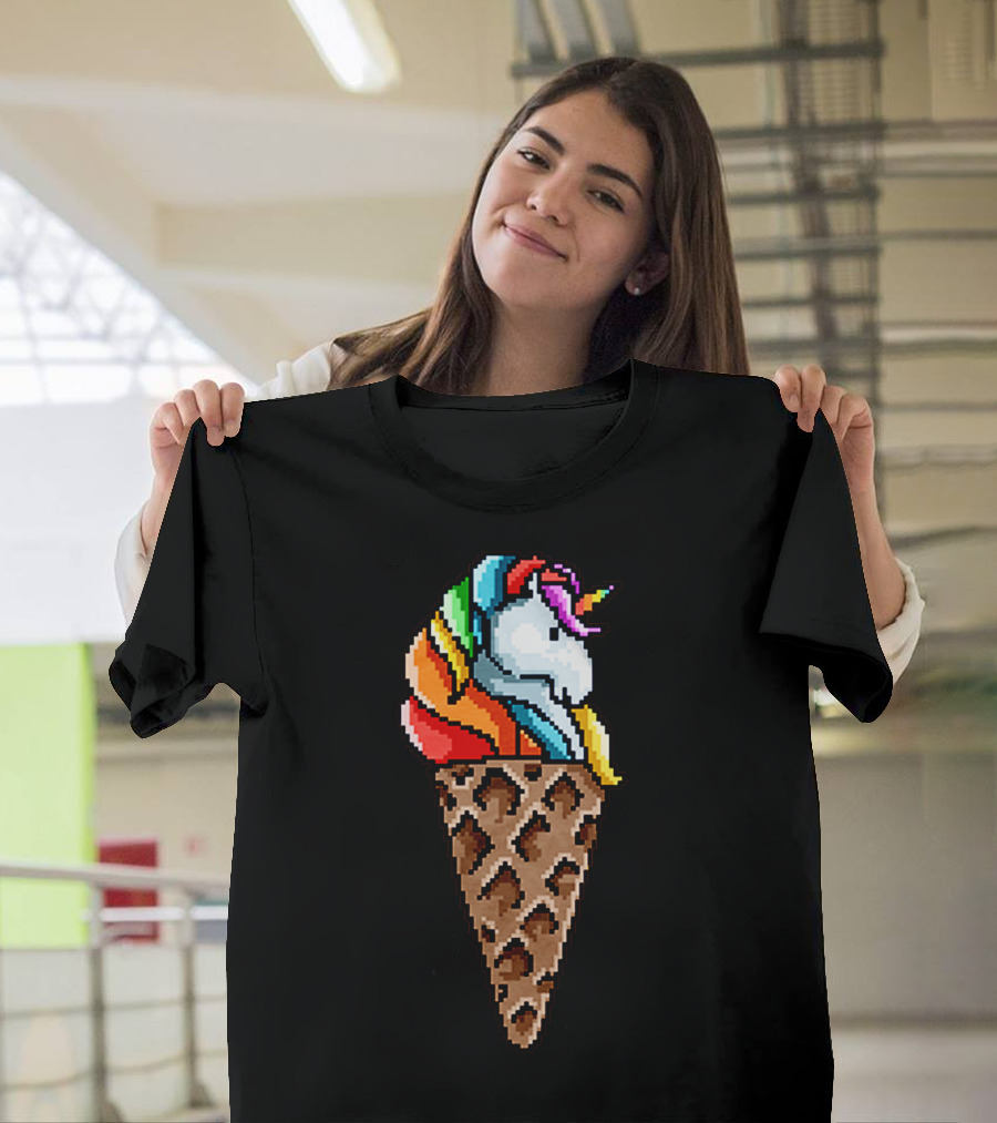 Rainbow Unicorn Ice Cream Cone Pixel T-Shirt