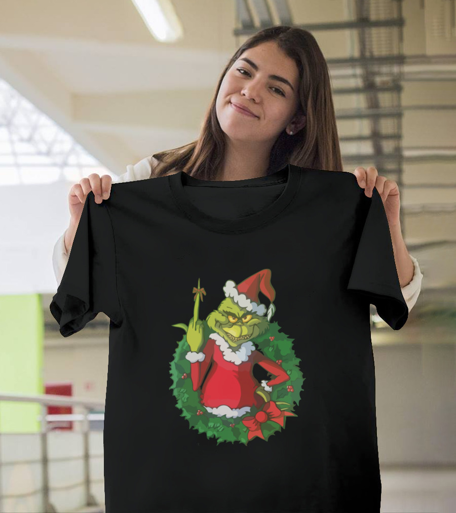 Grinch Santa Wreath Middle Finger Holiday Attitude T-Shirt