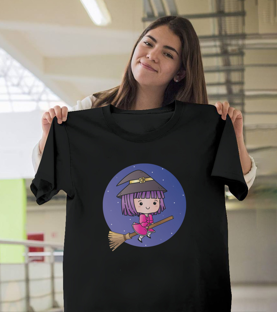 Kawaii Little Witch Flying On Broomstick With Stars T-Shirt