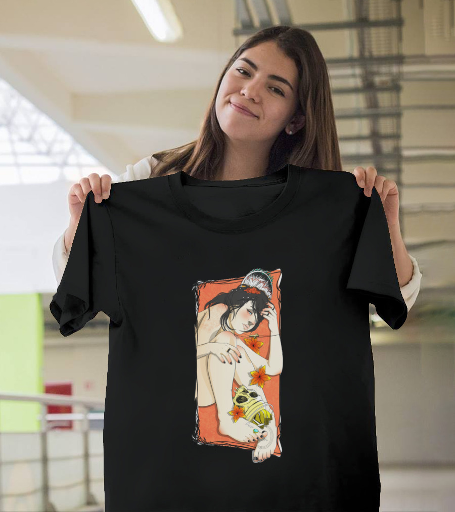 The Nymph Resting Amidst Autumn Blooms and Skull Motif T-Shirt