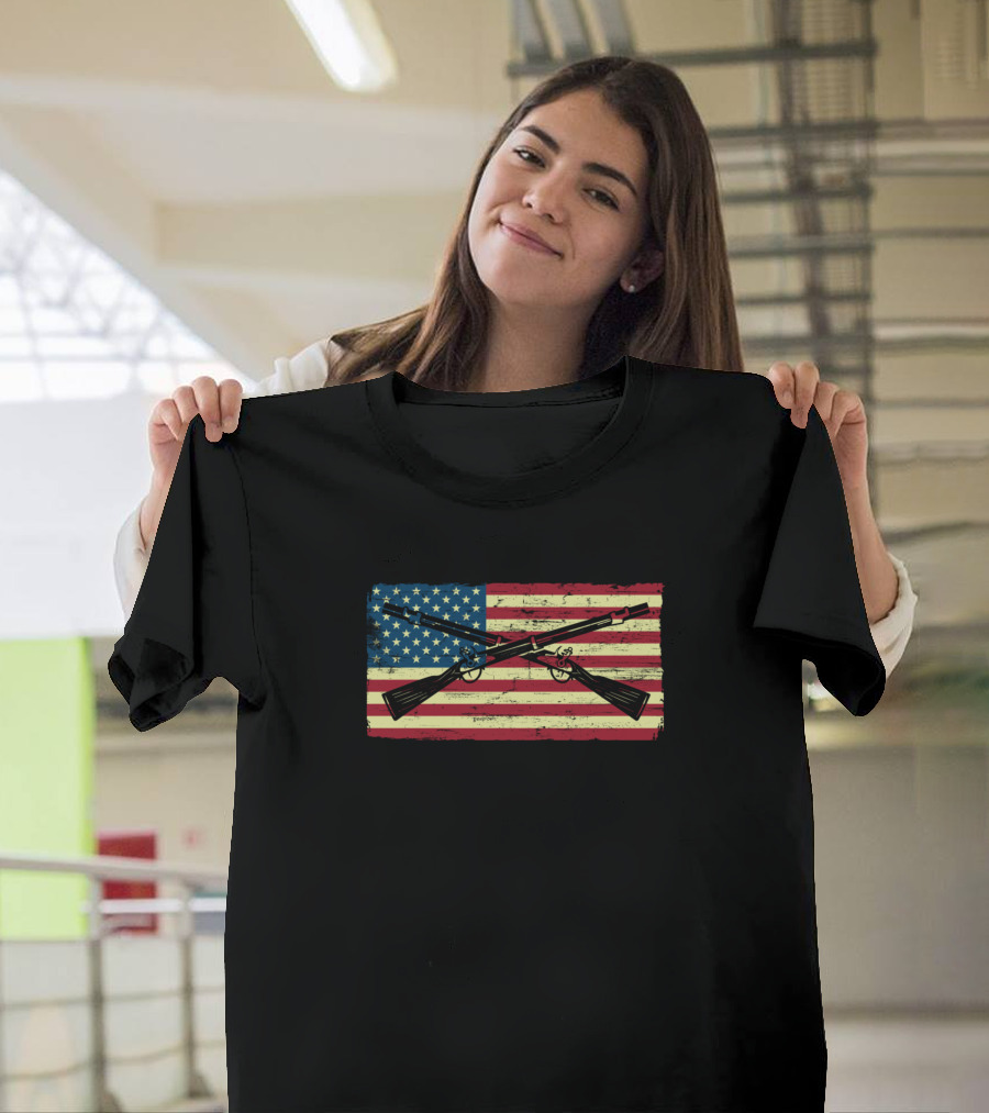 American Flag with Crossed Flintlock Rifles Civil War Reenactment T-Shirt