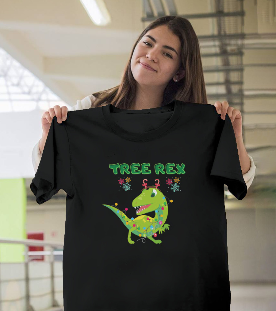 Tree Rex Dinosaur Christmas Lights Candy Cane Antlers T-Shirt