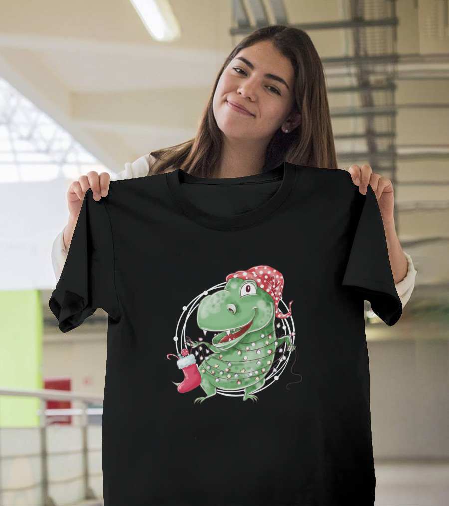 Tree Rex Dinosaur Christmas Lights and Santa Hat Fun T-Shirt