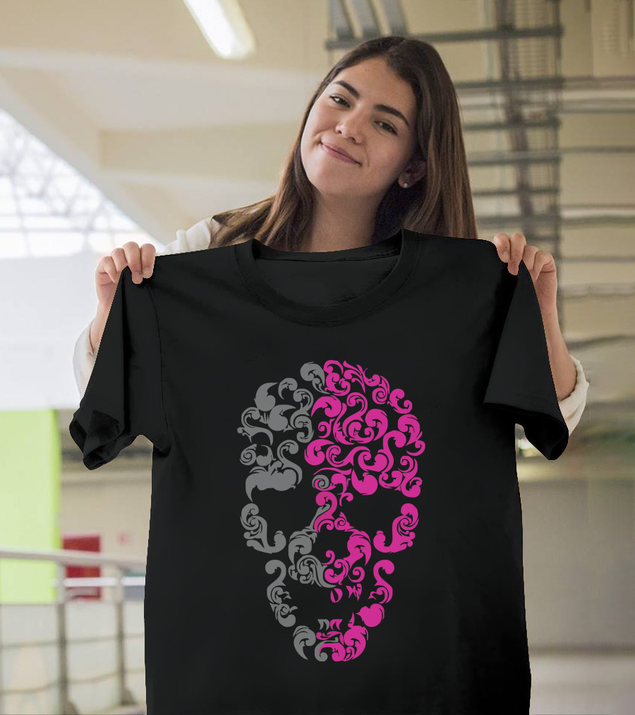 Intricate Pink And Grey Skull T-Shirt