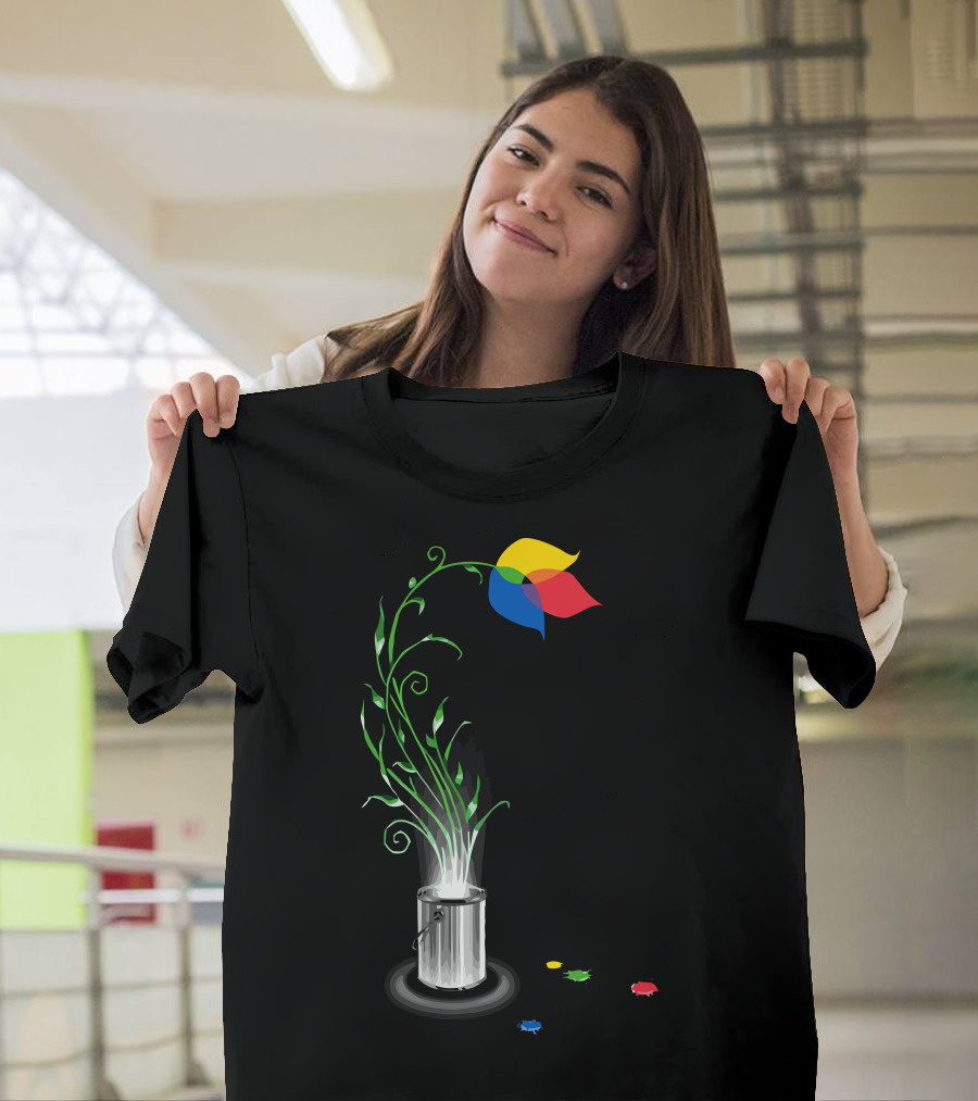 Artistic Growth Blooming from Paint Can with Multicolor Flower and Green Stems T-Shirt
