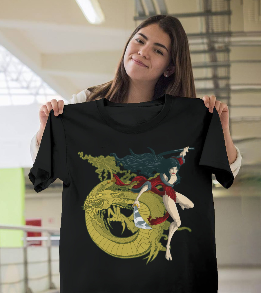 Golden Dragon Warrior Wielding Blade in Battle Stance T-Shirt