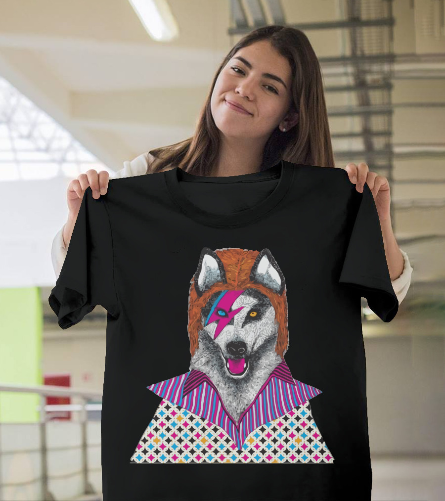 Ziggy Stardog Glam Rock Canine Portrait with Lightning Bolt and Patterned T-Shirt