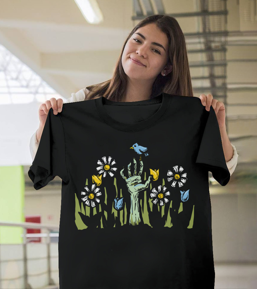 Zombie Garden Flowers Hand with Blue Bird and Daisies T-Shirt