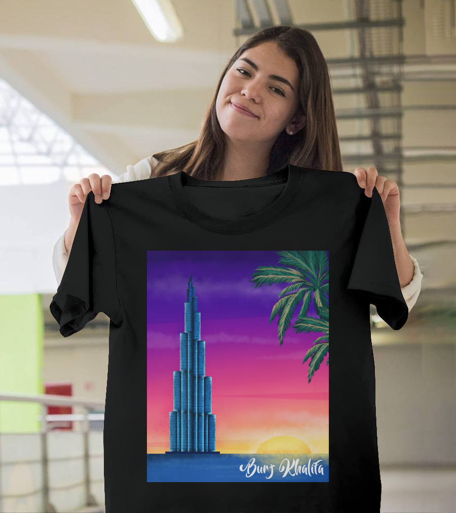 Burj Khalifa Sunset with Palm Trees and Vibrant Sky T-Shirt
