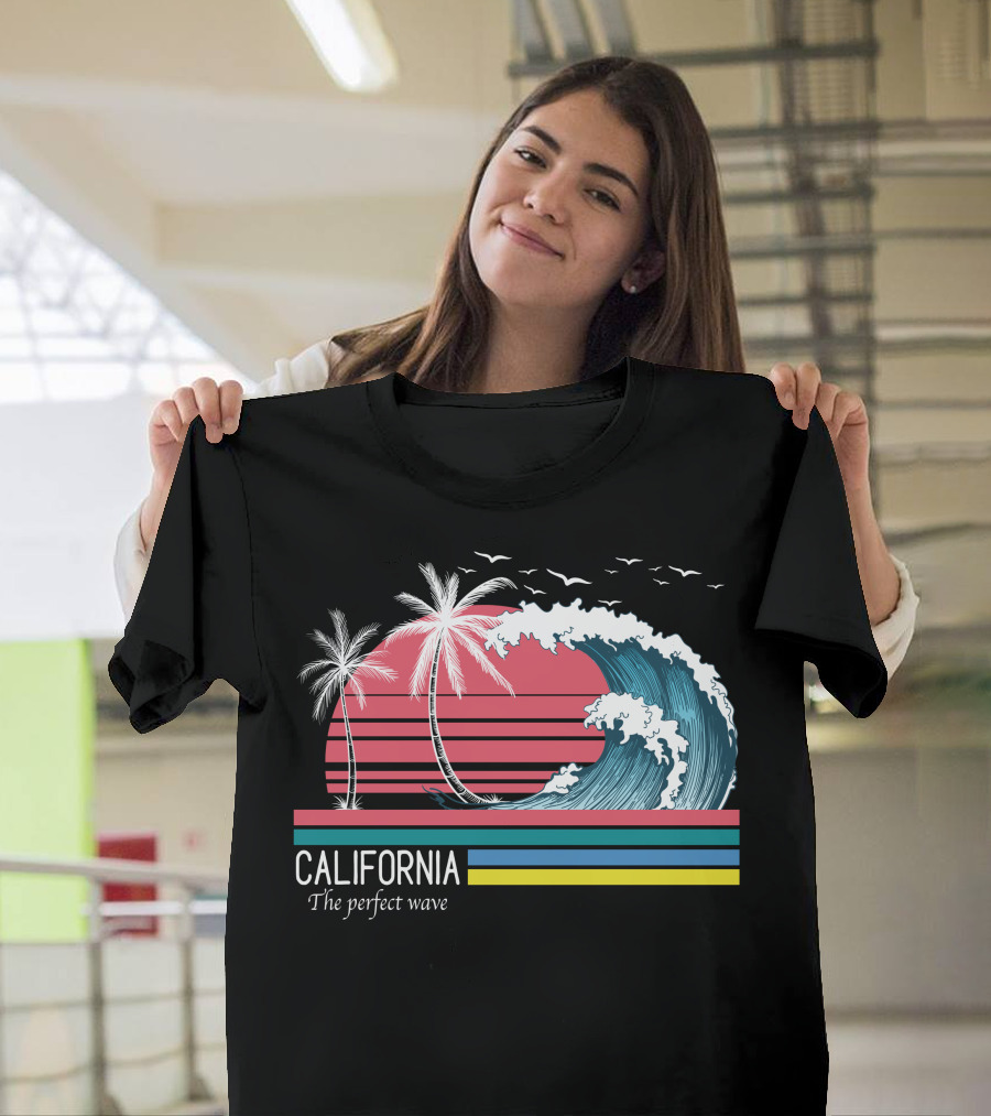 California The Perfect Wave Palm Trees Sunset Ocean Surf Scene T-Shirt