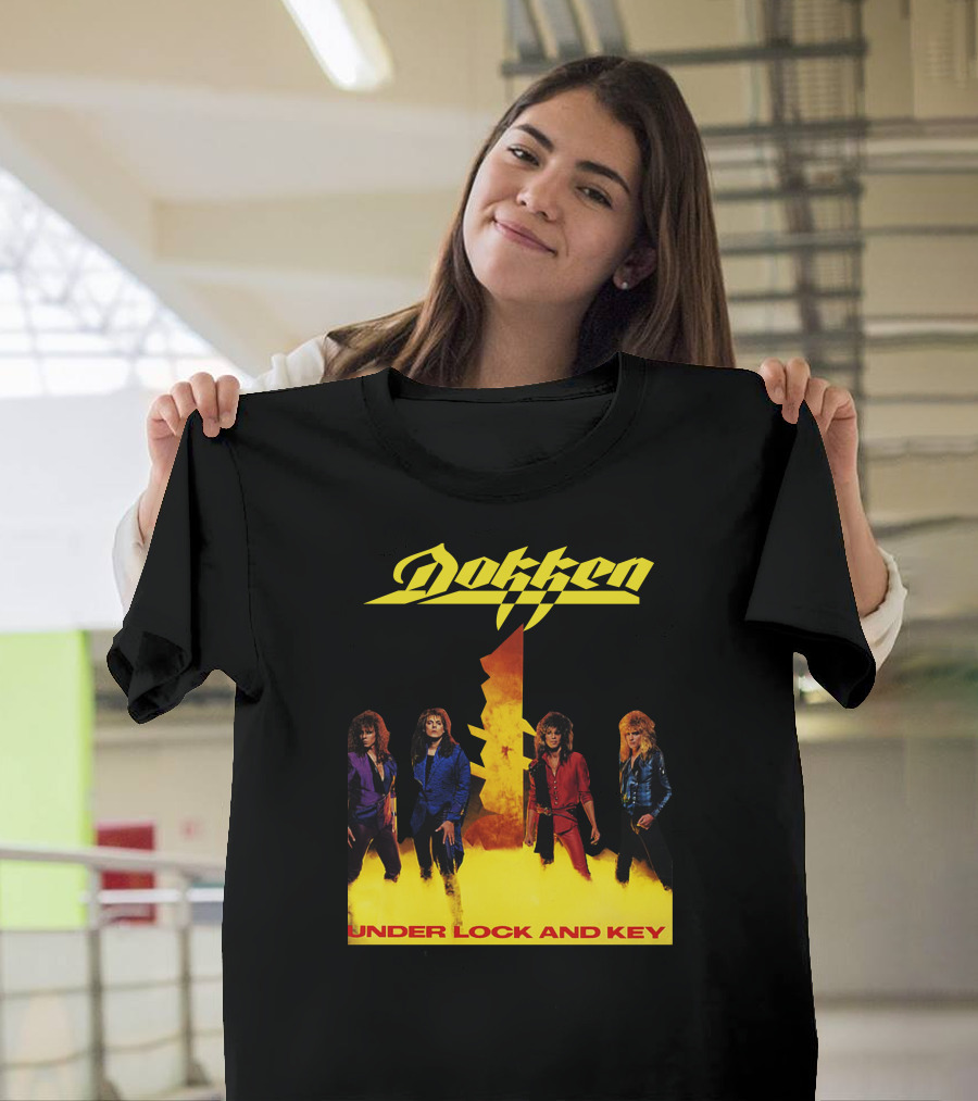 Dokken Under Lock And Key Album Cover Art Band Members Flame Background T-Shirt