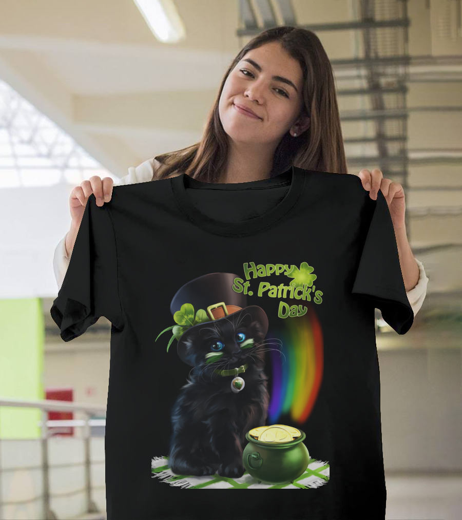 Happy St. Patrick's Day Black Cat With Pot of Gold and Rainbow T-Shirt