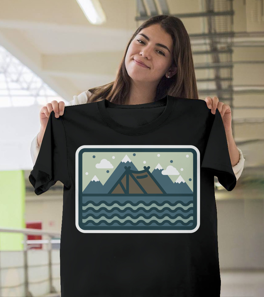 Camp Mountain Beach View Tent by the Water and Mountains with Clouds in the Sky T-Shirt