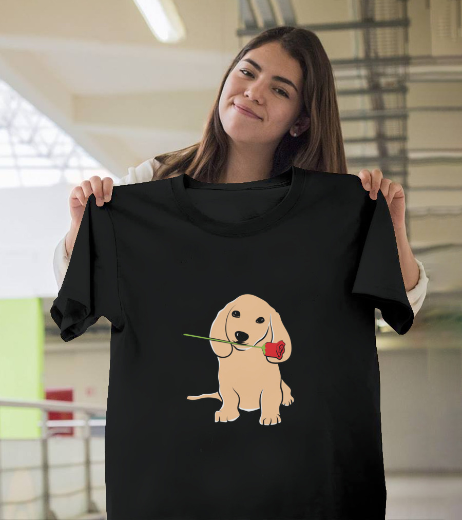 Cute Puppy Holding Red Rose in Mouth T-Shirt