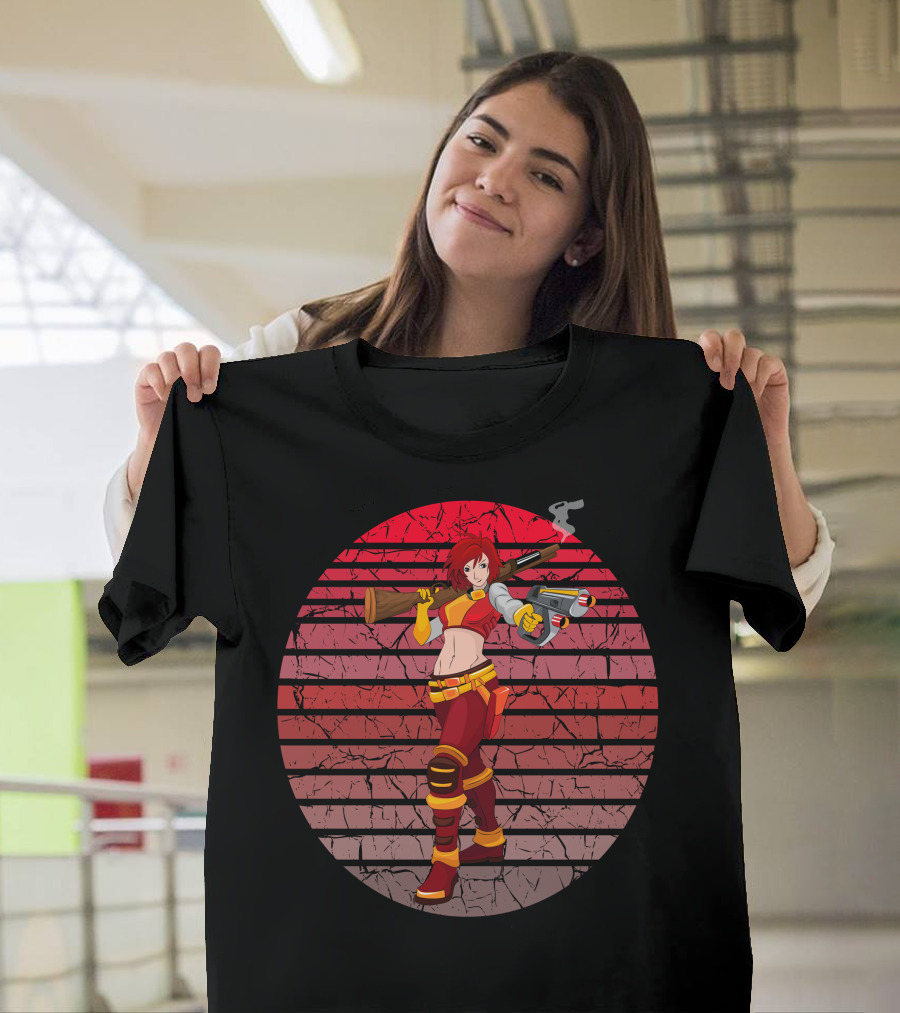 Female Warrior Retro Anime Style Gunfighter T-Shirt