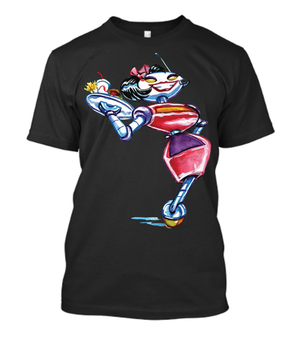 Retro Futuristic Robot Waitress Cartoon With Tray T-Shirt