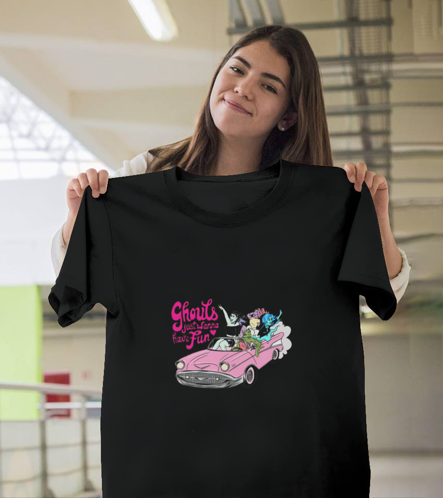 Ghouls Just Wanna Have Fun Pink Cadillac Spooky Characters T-Shirt
