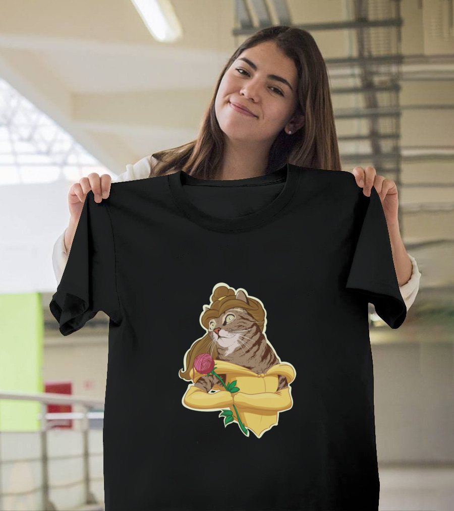 Kitten And The Beast Beauty and the Beast Cat in Yellow Dress Holding Rose T-Shirt