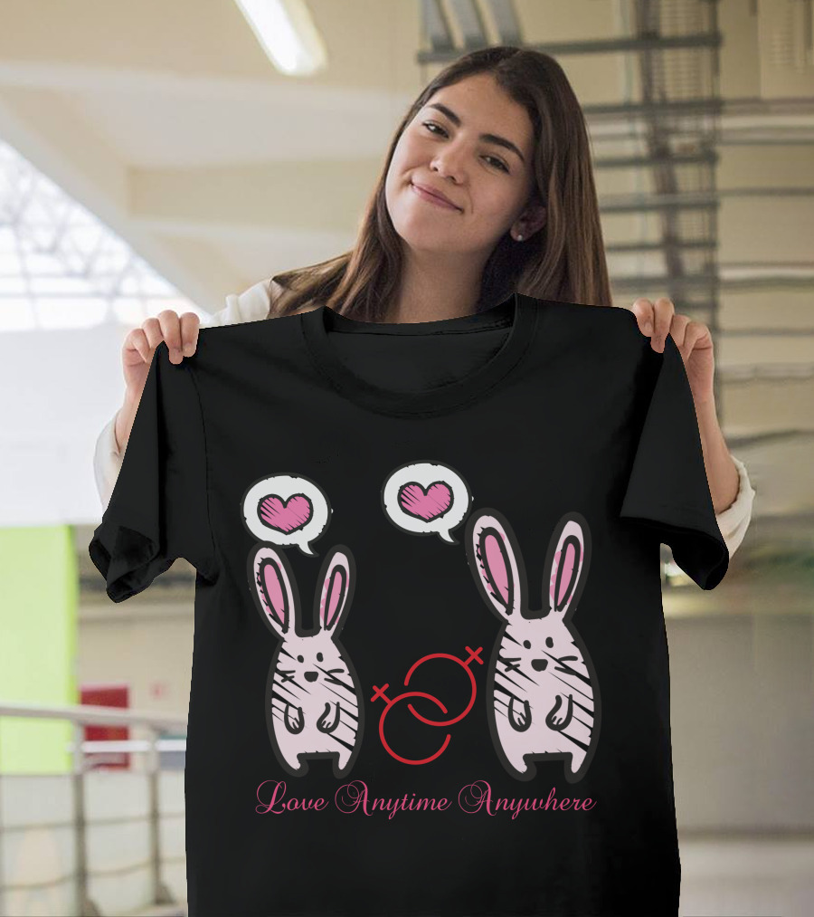 Love Anytime Anywhere Rabbit Duo with Hearts T-Shirt