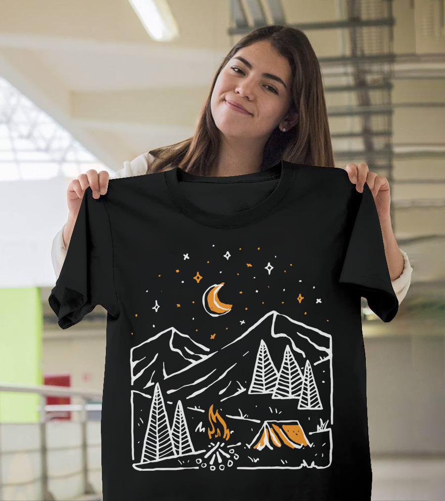 Night Relax Camping Under Stars and Moon Mountain Scene T-Shirt