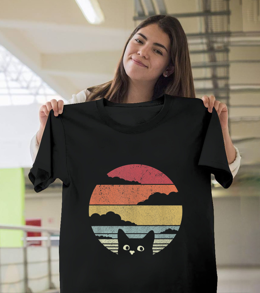 Retro Cat Sunset Stripes T-Shirt