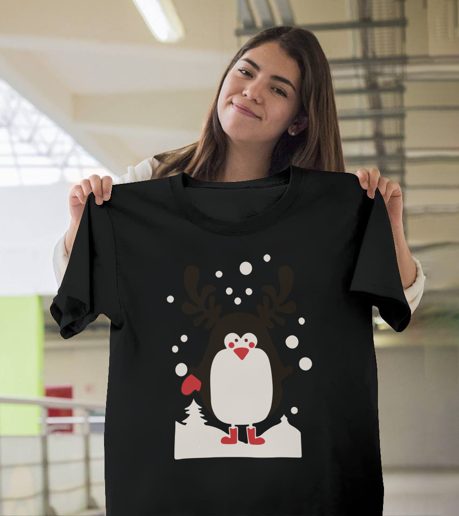 Santa Reindeer Penguin Snowy Scene T-Shirt