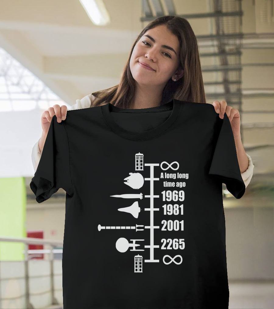 Funny Sci Fi Spaceship Timeline Star Wars Trek Joke Doctor Who 1969 1981 2001 2265 T-Shirt