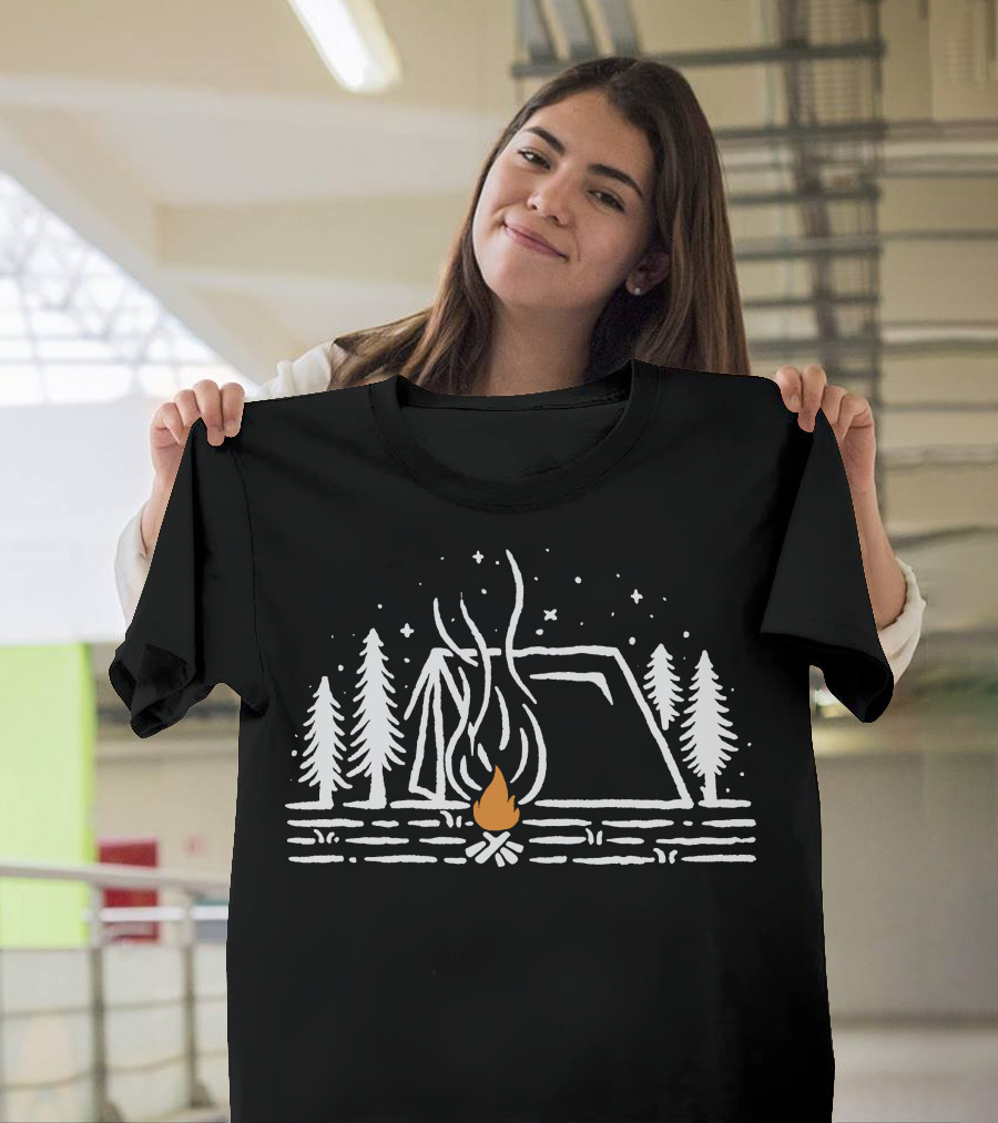 Tent Campfire Under Starry Night with Trees T-Shirt