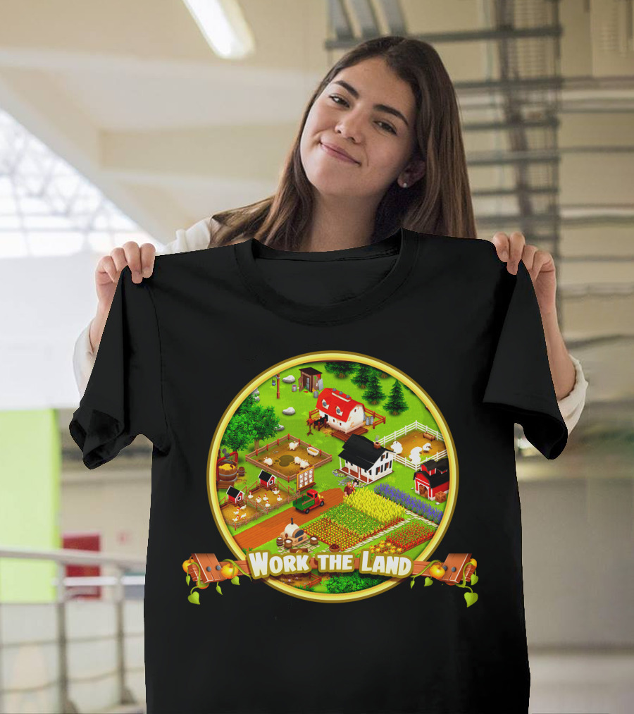Work The Land Farm Scene with Barns and Fields T-Shirt