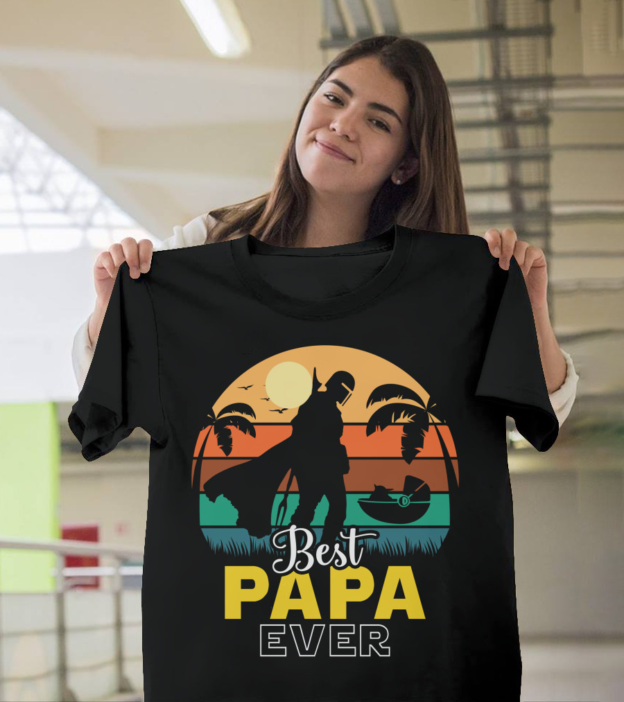 Best Papa Ever Mandalorian Sunset Silhouette with Baby Yoda T-Shirt