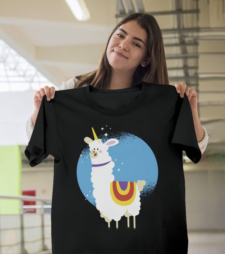 Alpaca Unicorn in Starry Blue Circle with Rainbow Blanket T-Shirt