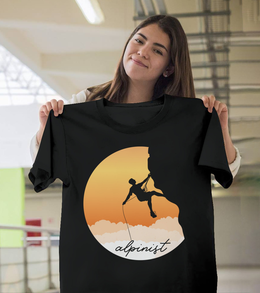 Alpinist Rock Climbing Silhouette at Sunset with Rope and Clouds T-Shirt