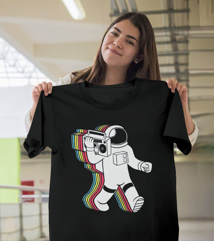 Apollo Funkalicious Astronaut Holding Boombox with Retro Stripes T-Shirt