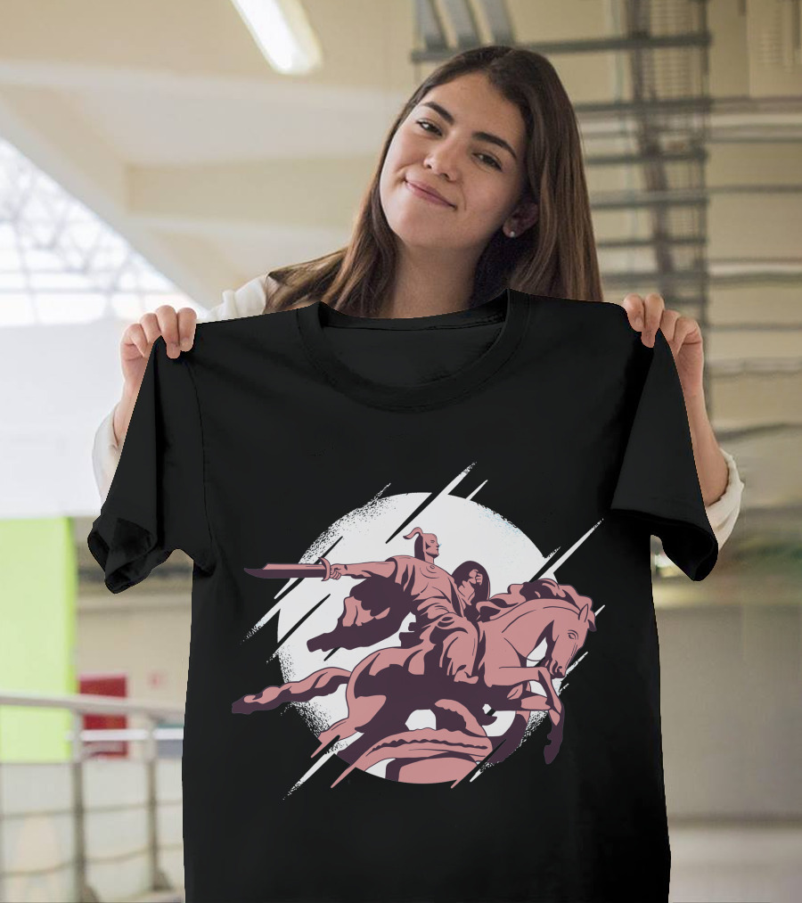 Barbarian Warrior Charging into Battle on Horseback with Sword Raised T-Shirt