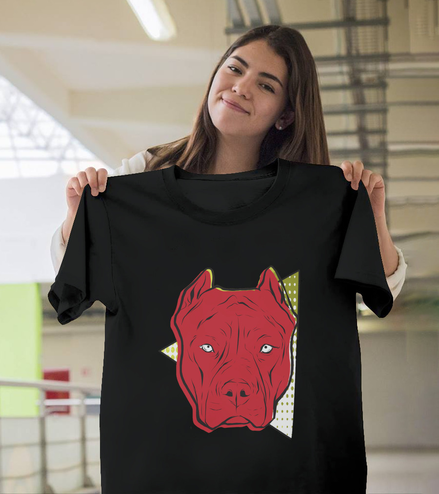 Angry Red Pitbull Face with Geometric Background T-Shirt