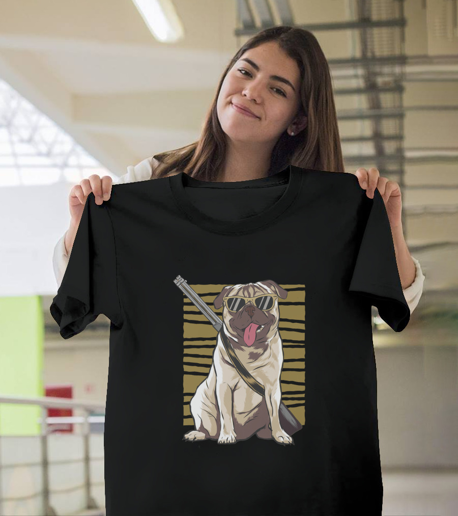 Armed Pug with Sunglasses and Rifle against Stripe Background T-Shirt