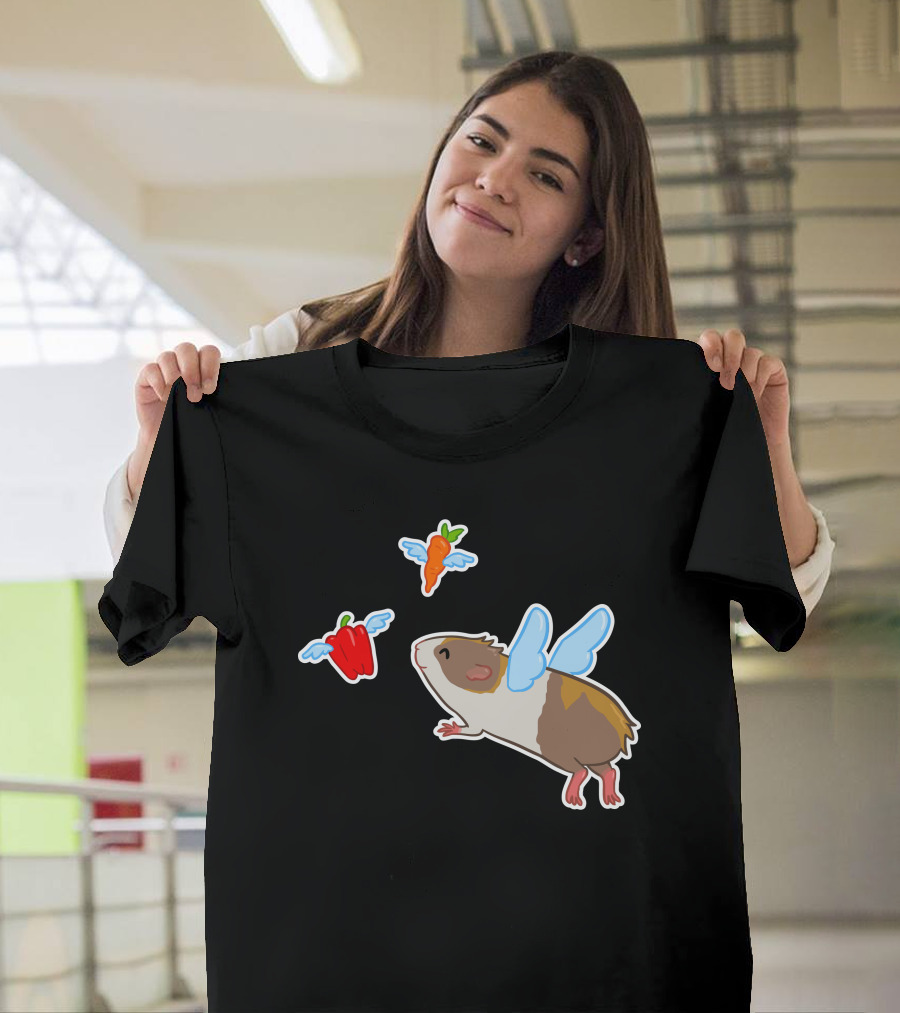 Guinea Pig with Wings Chasing Flying Carrot and Bell Pepper T-Shirt