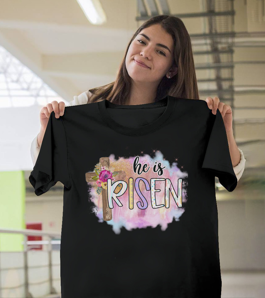 He Is Risen Floral Cross Colorful Clouds T-Shirt