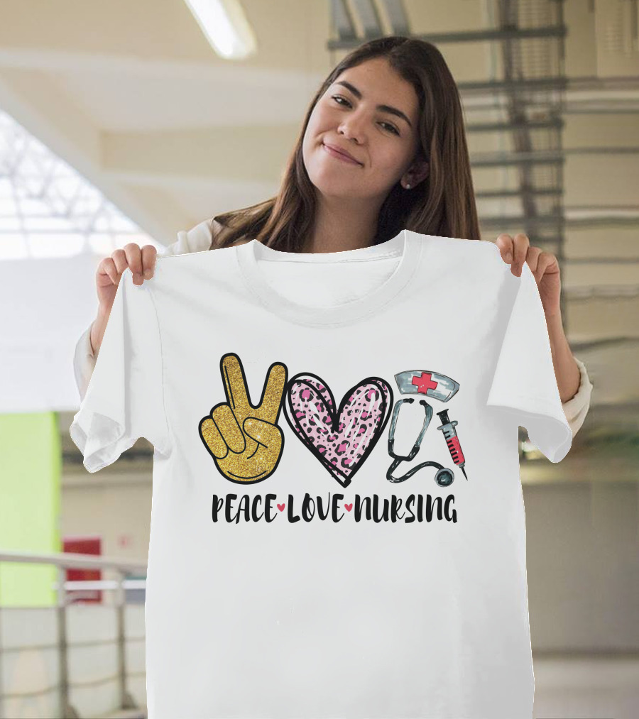 Peace Love Nursing Glitter Heart Stethoscope Syringe Hat T-Shirt