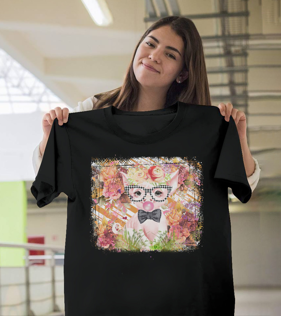 Floral Pig With Checkered Glasses and Bow Tie T-Shirt