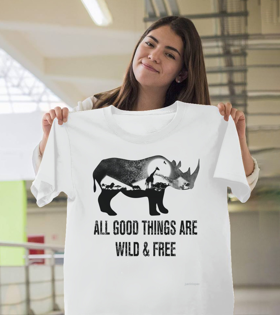 Rhoino All Good Things Are Wild and Free with Safari Animal Silhouette Scene T-Shirt