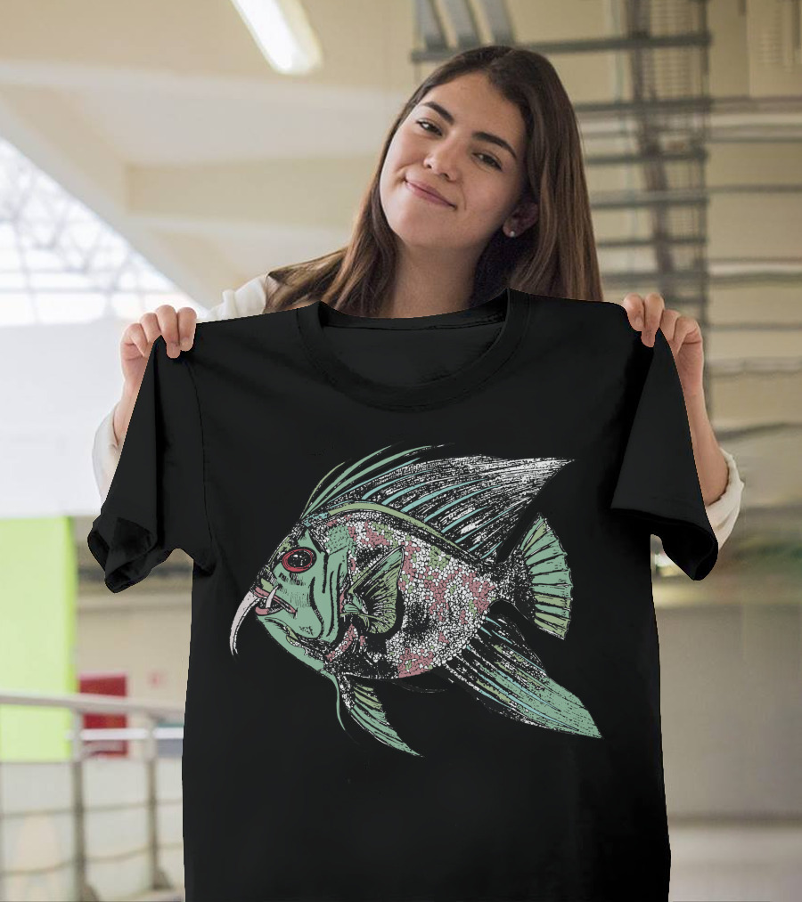 Toothed Fish Illustration with Colorful Scales and Fins T-Shirt