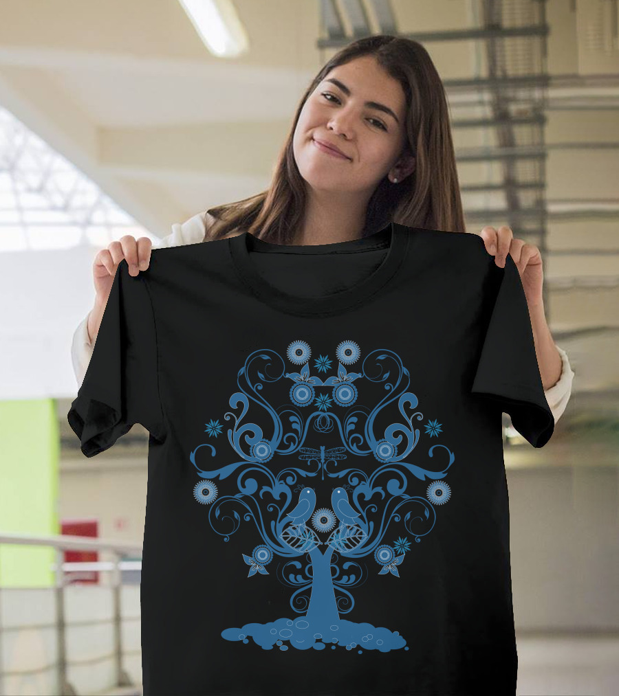 Tree Nature Swirls with Birds and Flowers T-Shirt