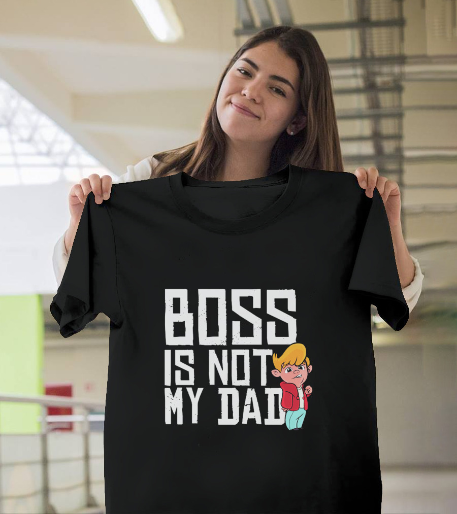 BOSS IS NOT MY DAD Cartoon Style Retro 90s Kid with Blonde Hair and Red Jacket T-Shirt
